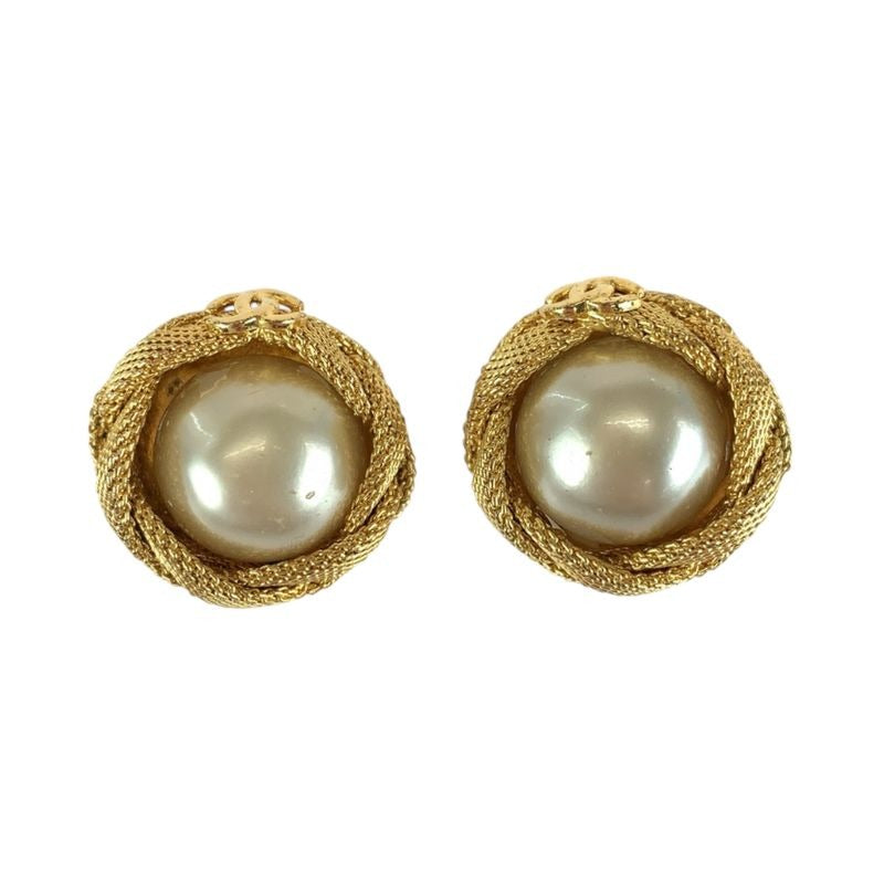 Chanel Pearl Coco Mark Gold White Metal Earrings 97
