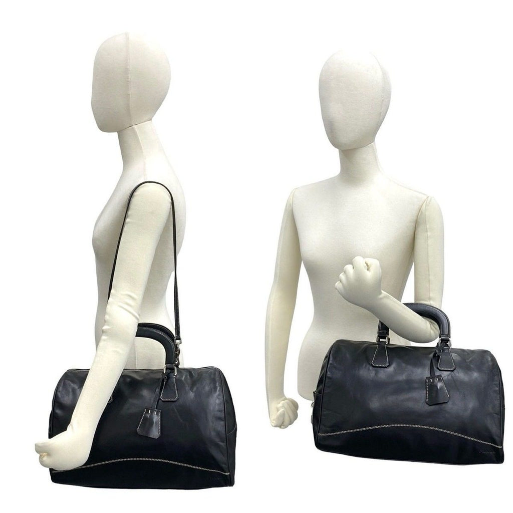 Prada Logo Stitch Leather 2-Way Shoulder Bag Black — view 2