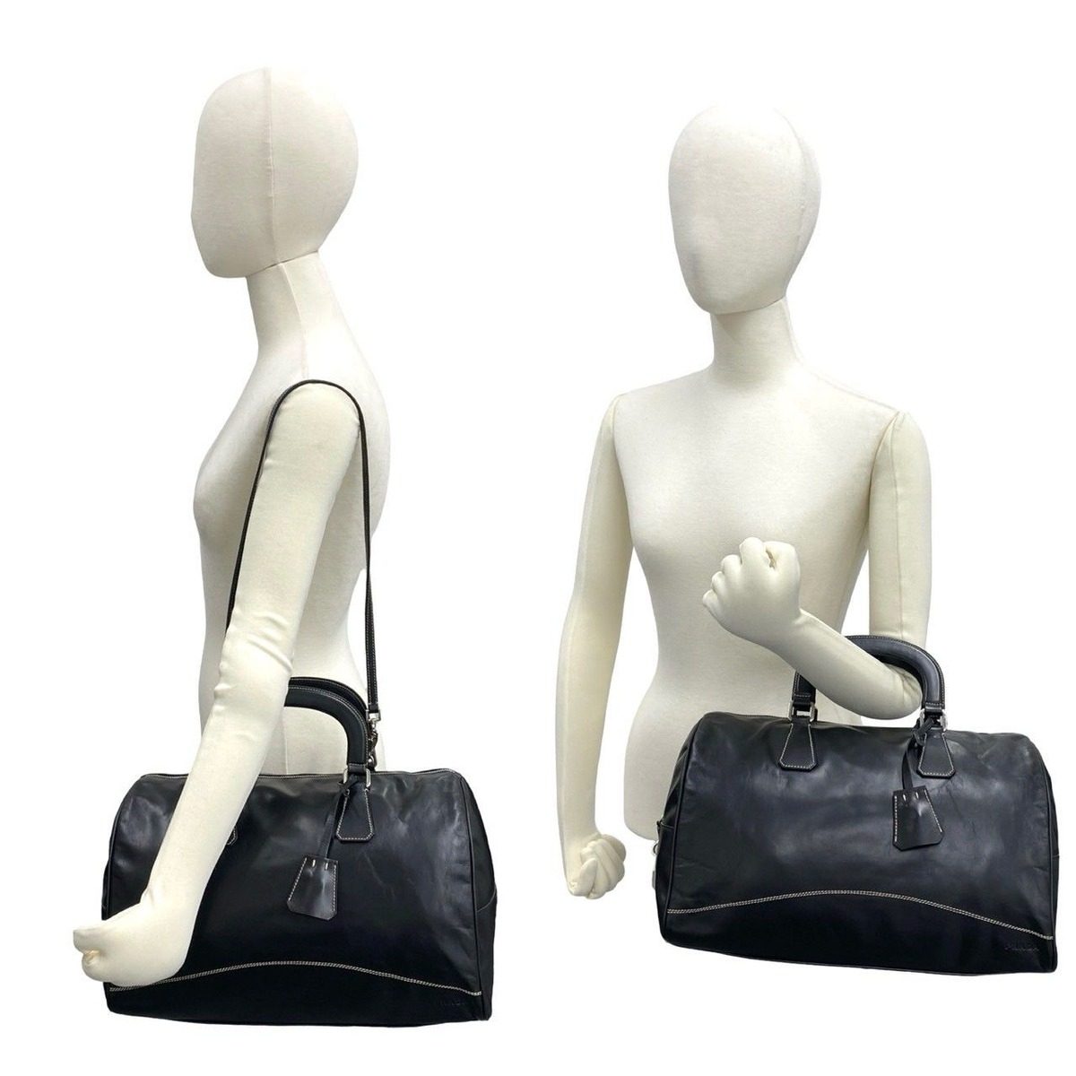Prada Logo Stitch Leather 2-Way Shoulder Bag Black — view 2