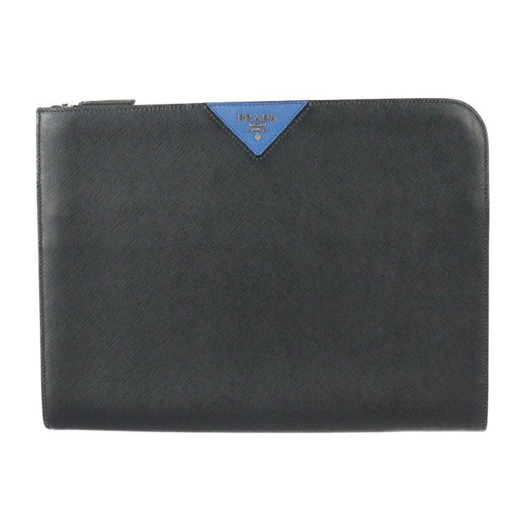 Prada Document Case Second Bag 2 Vn003 Leather Black Blue Silver Hardware
