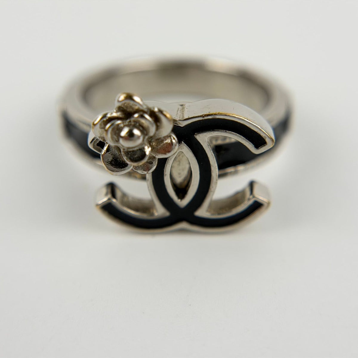 Chanel CC Logo Camellia Ring Silver Black Vintage