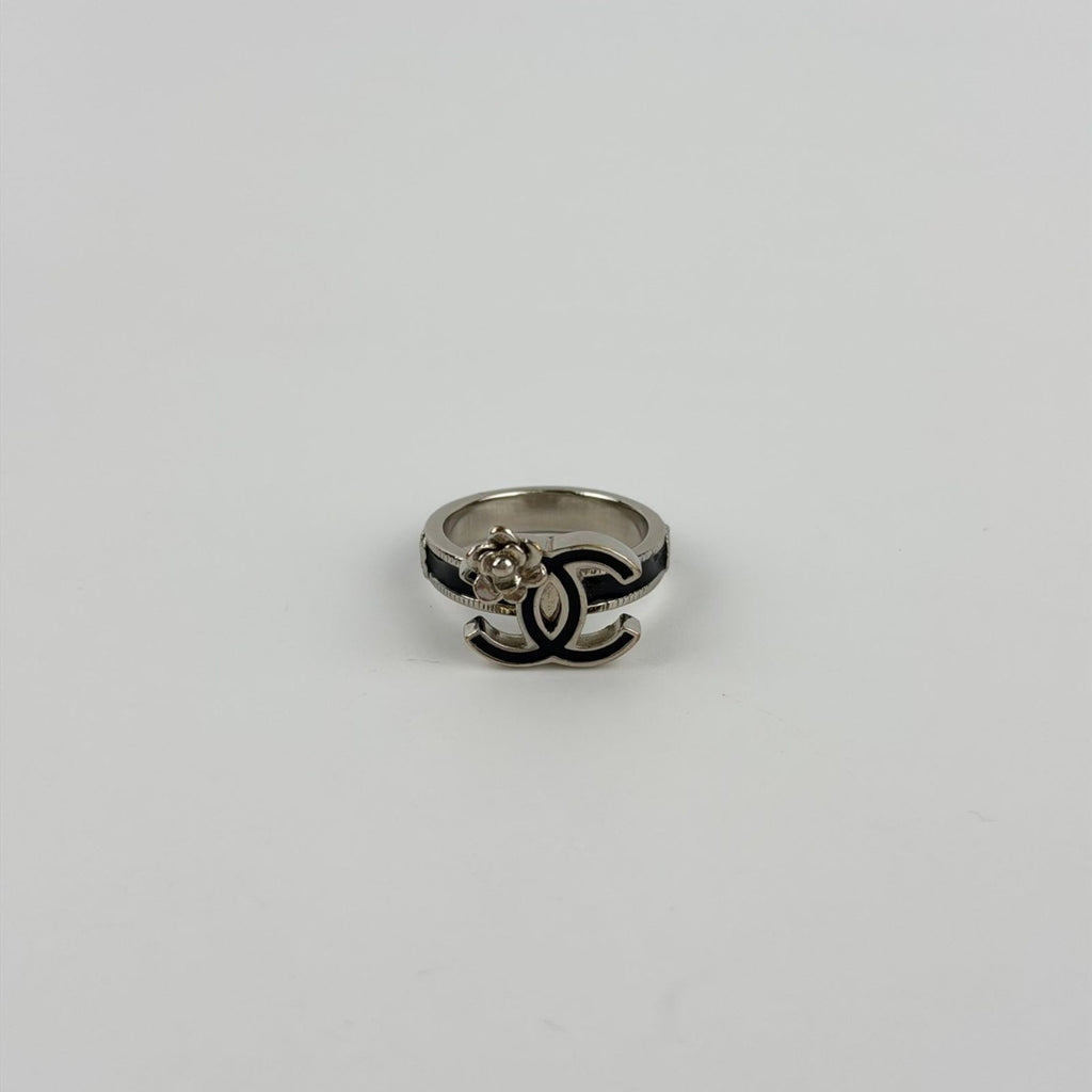 Chanel CC Logo Camellia Ring Silver Black Vintage