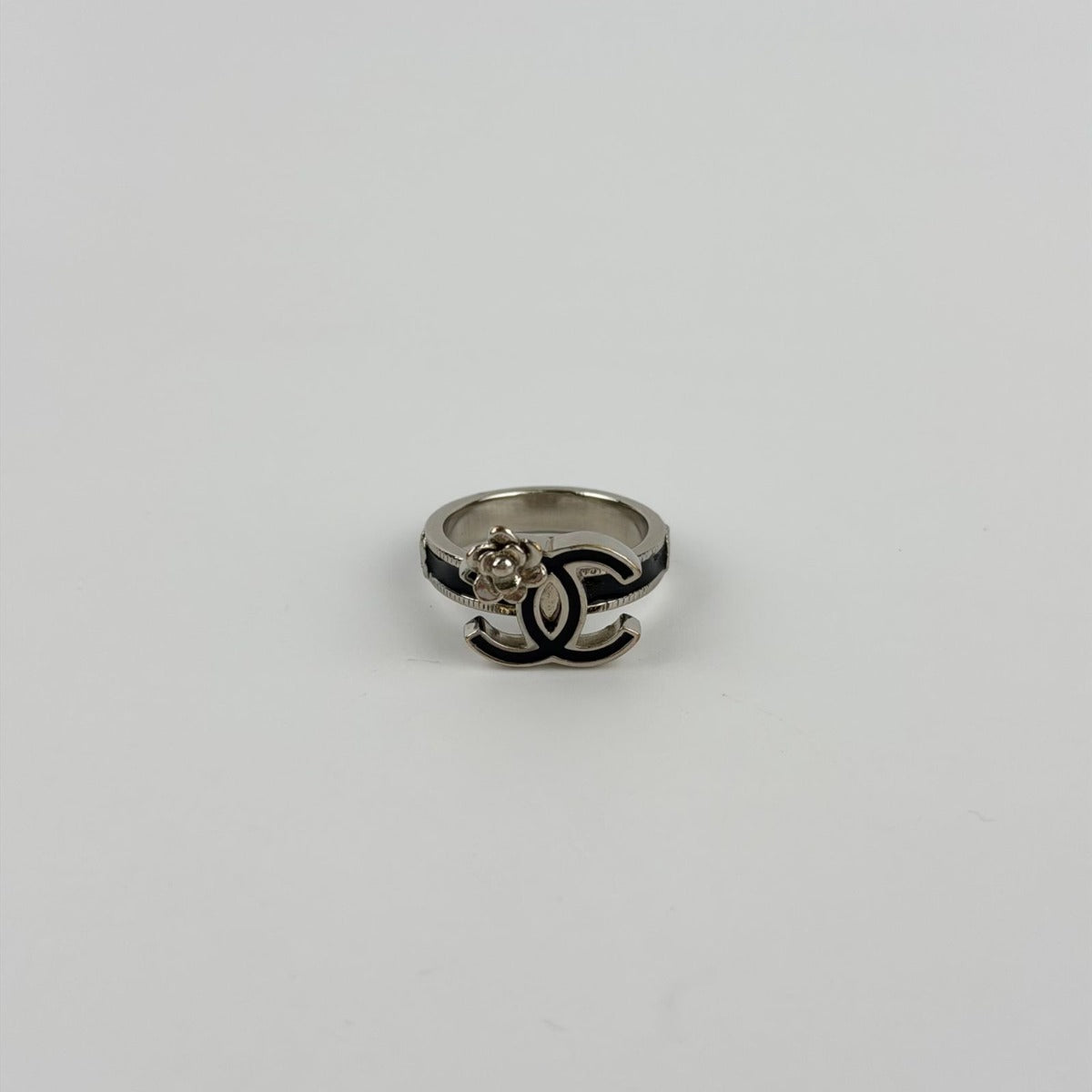 Chanel CC Logo Camellia Ring Silver Black Vintage