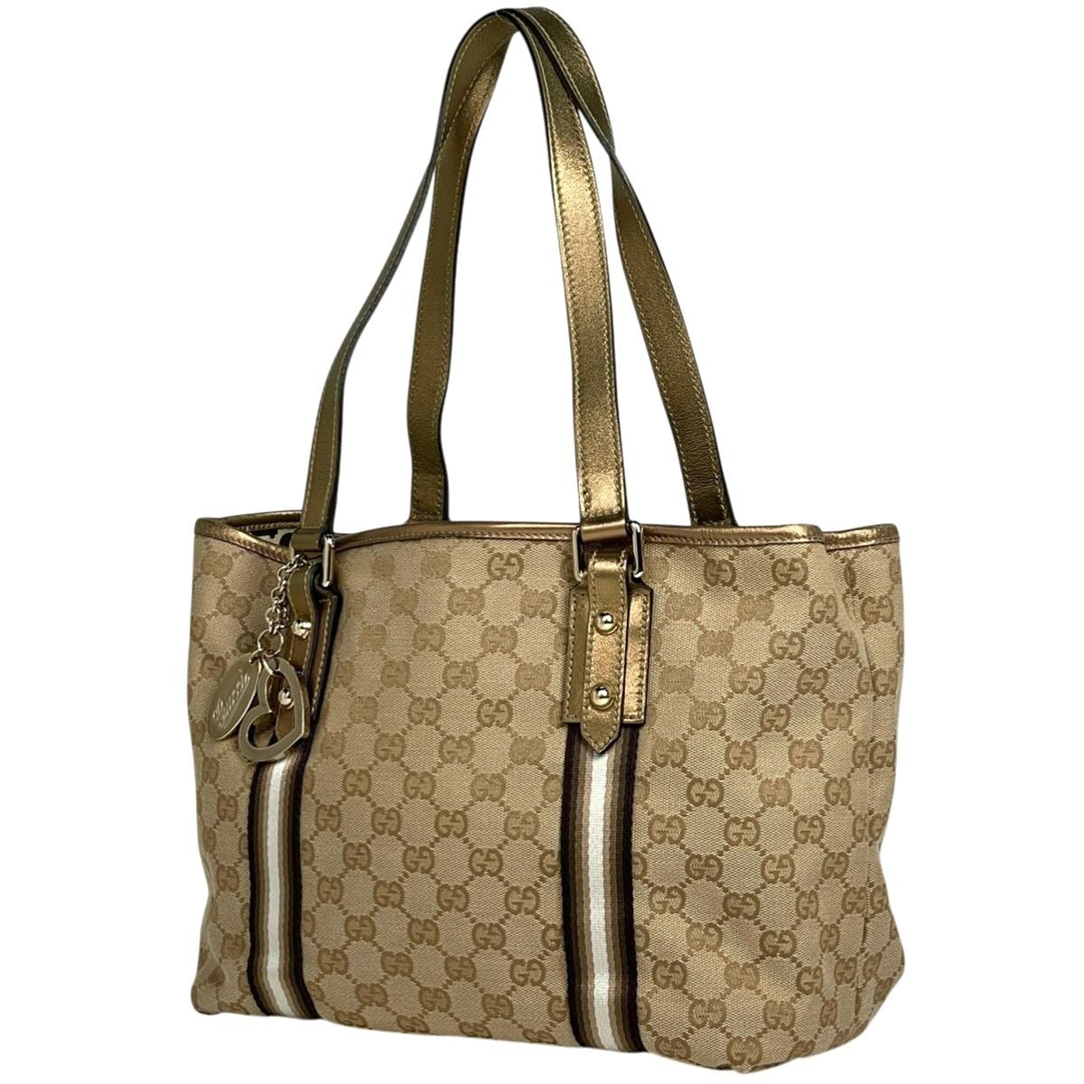 Gucci GG Pattern Tote Shoulder Bag Heart Charm Canvas Beige Gold