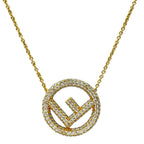 Fendi Is FF Logo Long Necklace Pendant Gold Rhinestone Classic Glamorous