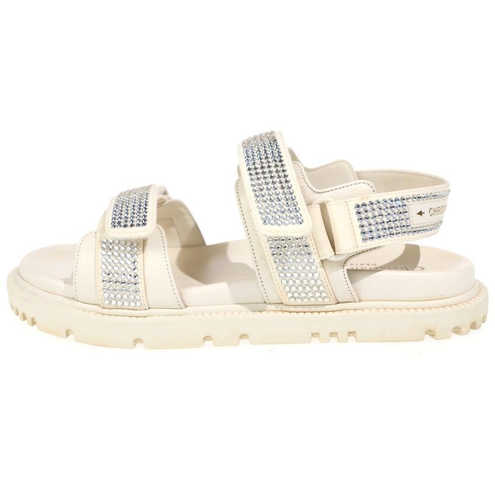 Dior Rhinestone Velcro Strap Leather Flat Sandals Cream