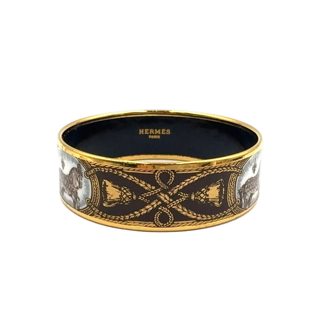 Hermes Enamel GM Horse Motif Gold Black Bangle Bracelet