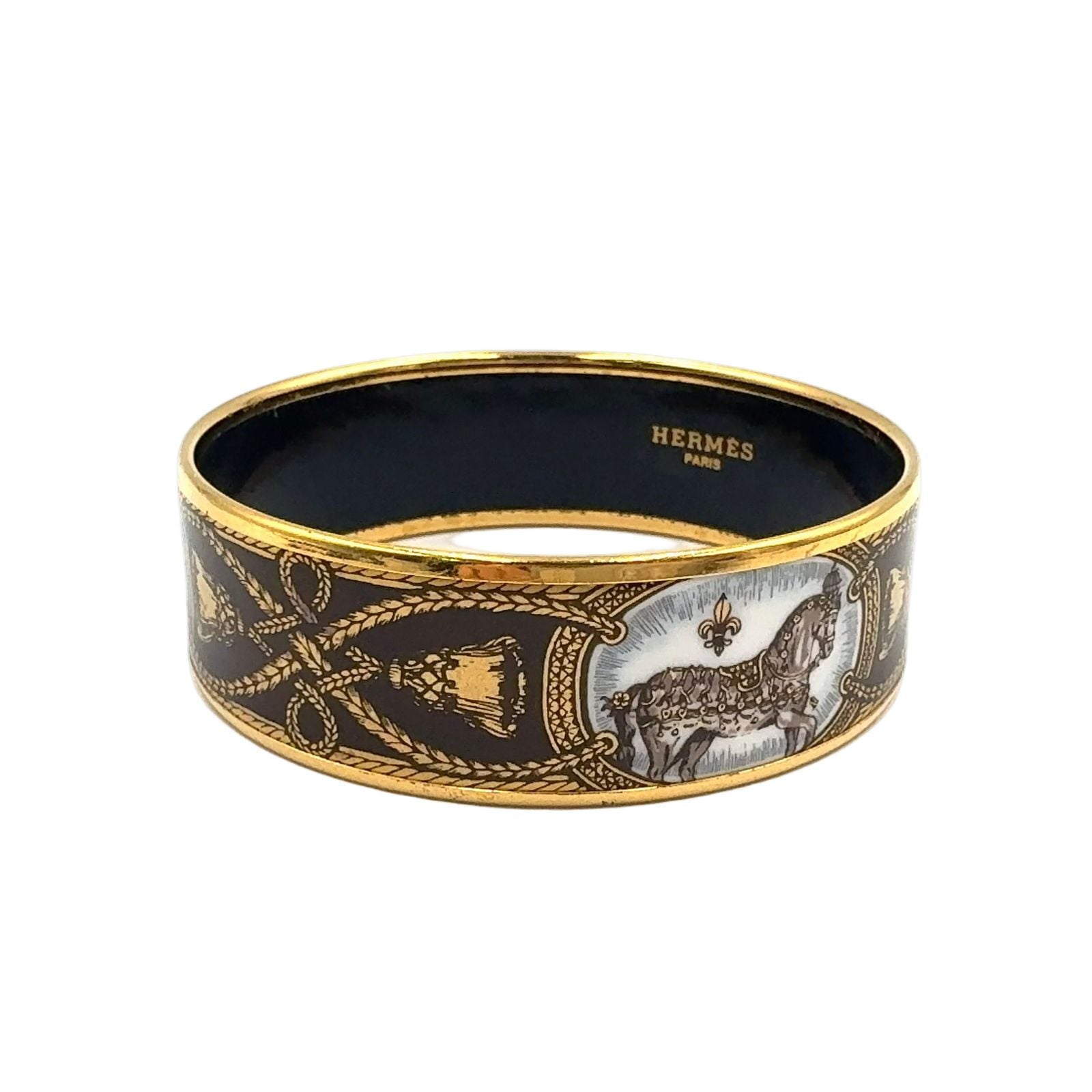 Hermes Enamel GM Horse Motif Gold Black Bangle Bracelet — view 2