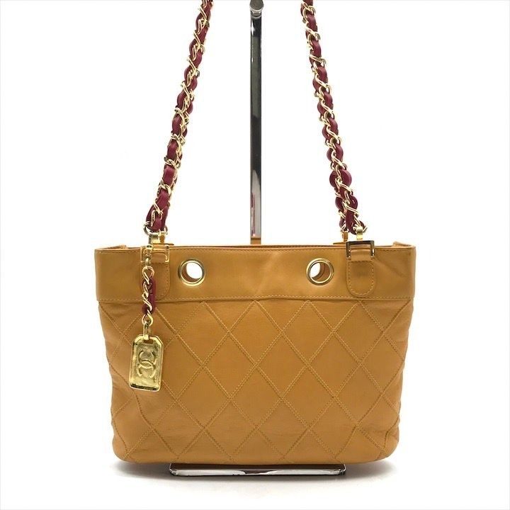 Chanel Lambskin Bicolor Quilted Chain Shoulder Bag Yellow Purse