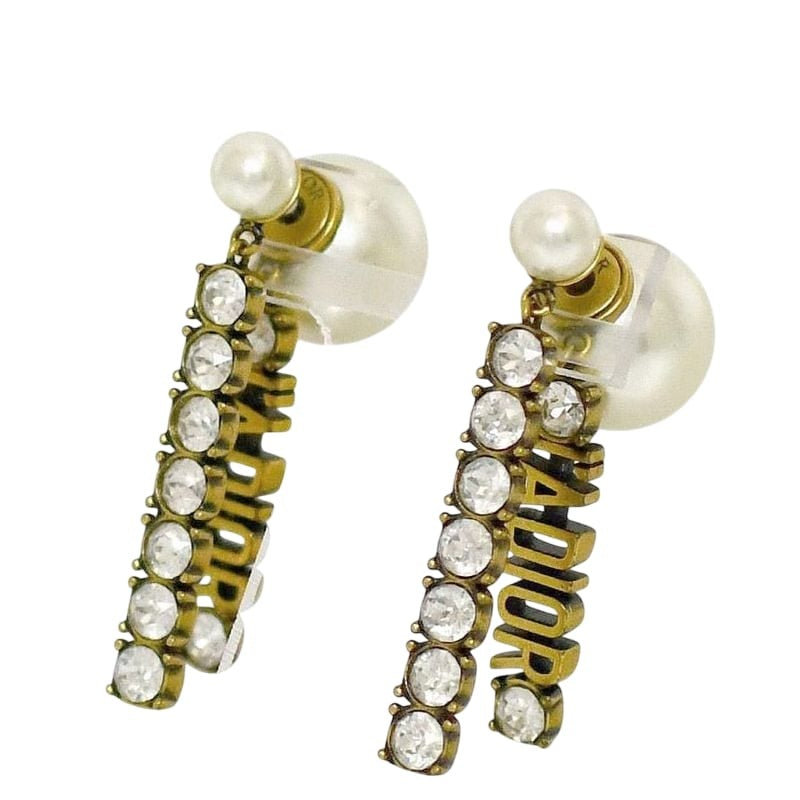 Dior Ja Earrings Gold GP Faux Pearl Rhinestone