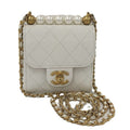 Chanel Pearl Chain Clutch Shoulder Bag Quilted Leather White
