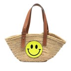 Loewe Paula Basket Smiley Wink Tote Bag Handbag Beige Brown Straw Leather