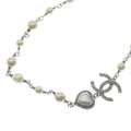Chanel CC Logo Pearl Necklace Heart Pendant Chain Silver White