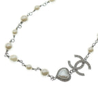 Chanel CC Logo Pearl Necklace Heart Pendant Chain Silver White