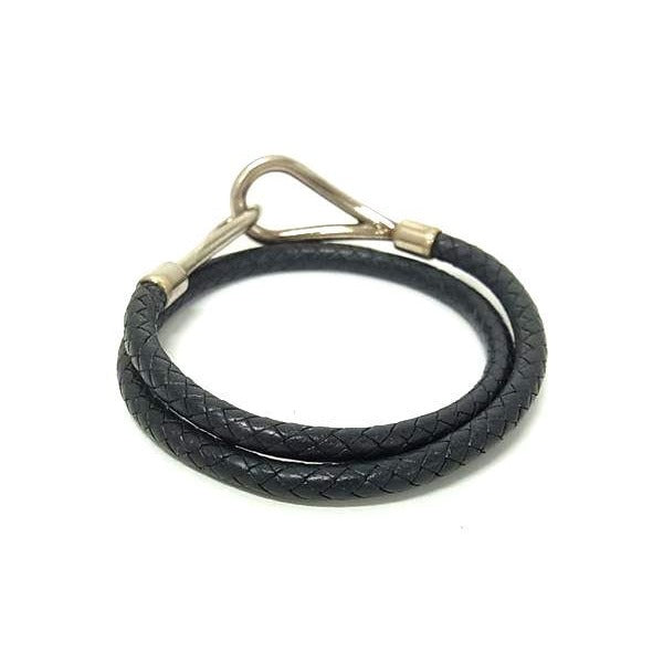 Hermes Choker Jumbo Black Leather Braided 2 Strand Bracelet Silver — view 3