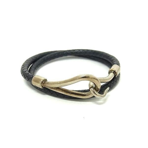 Hermes Choker Jumbo Black Leather Braided 2 Strand Bracelet Silver