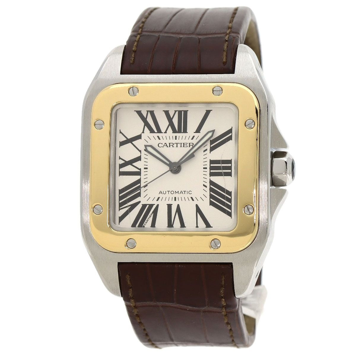 Cartier Santos 100 LM Watch SS Leather 18K Yellow Gold