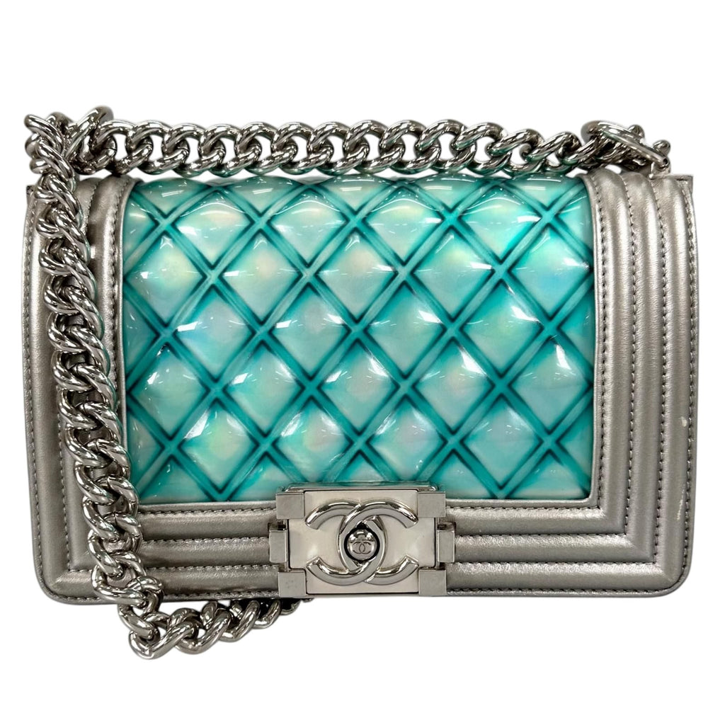 Chanel Boy Enamel Leather Lambskin Silver Light Blue Shoulder