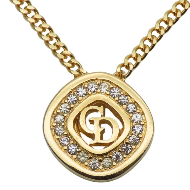 Christian Dior Necklace CD Logo Metal Rhinestone Gold Plated GP Accessories
