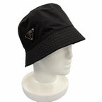 Prada Re-Nylon Leather Triangle Logo Bucket Hat Black