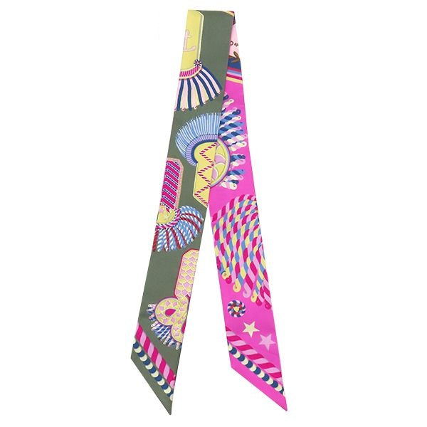 Hermes Scarf Twilly Silk Vert Amande Pink Yellow Epaulettes de Gala Ceremonial