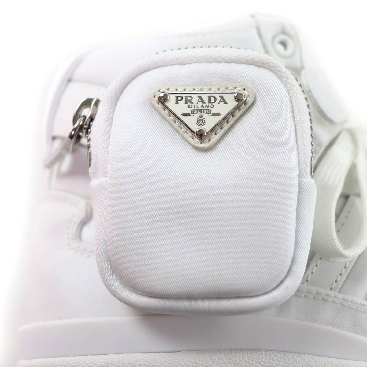 Prada Triangle Plate High Cut Sneakers with Re-Nylon Pouch White 24 — view 8
