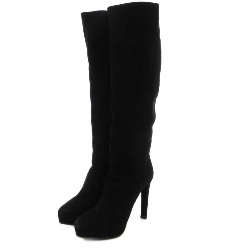 Prada Suede Long Boots High Heels Thick Sole Side Zip 36.5 Black GV GY62