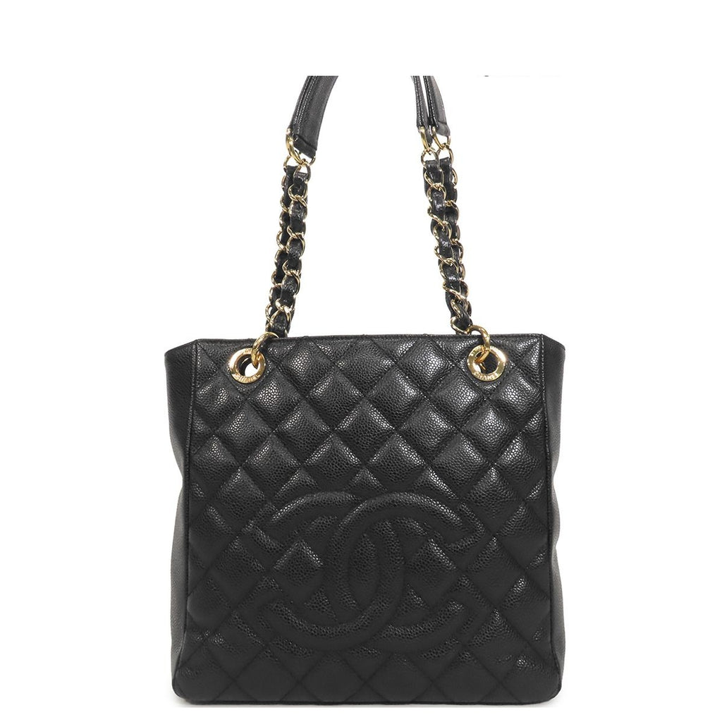 Chanel Chain Tote Bag Black Gold Caviar Leather CC Logo