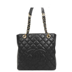 Chanel Chain Tote Bag Black Gold Caviar Leather CC Logo