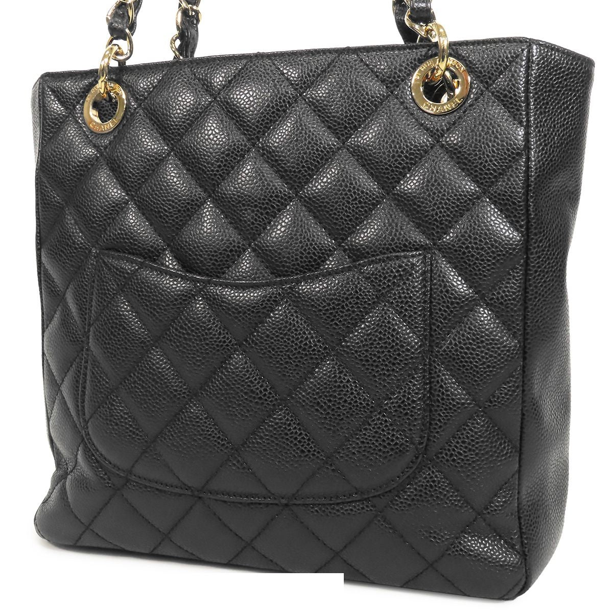 Chanel Chain Tote Bag Black Gold Caviar Leather CC Logo — view 2