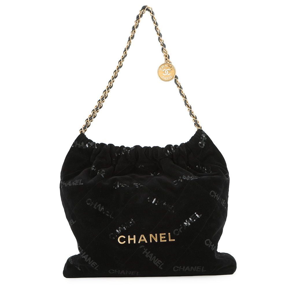 Chanel Chain Shoulder Bag 22 Quilted Small Velour Sequin Black with Pouch