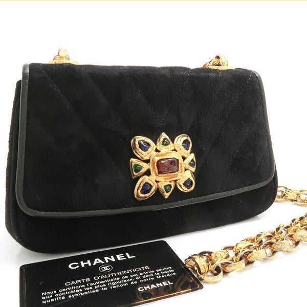 Chanel Chain Shoulder Gripoix 1993 Suede Black Chevron — view 2