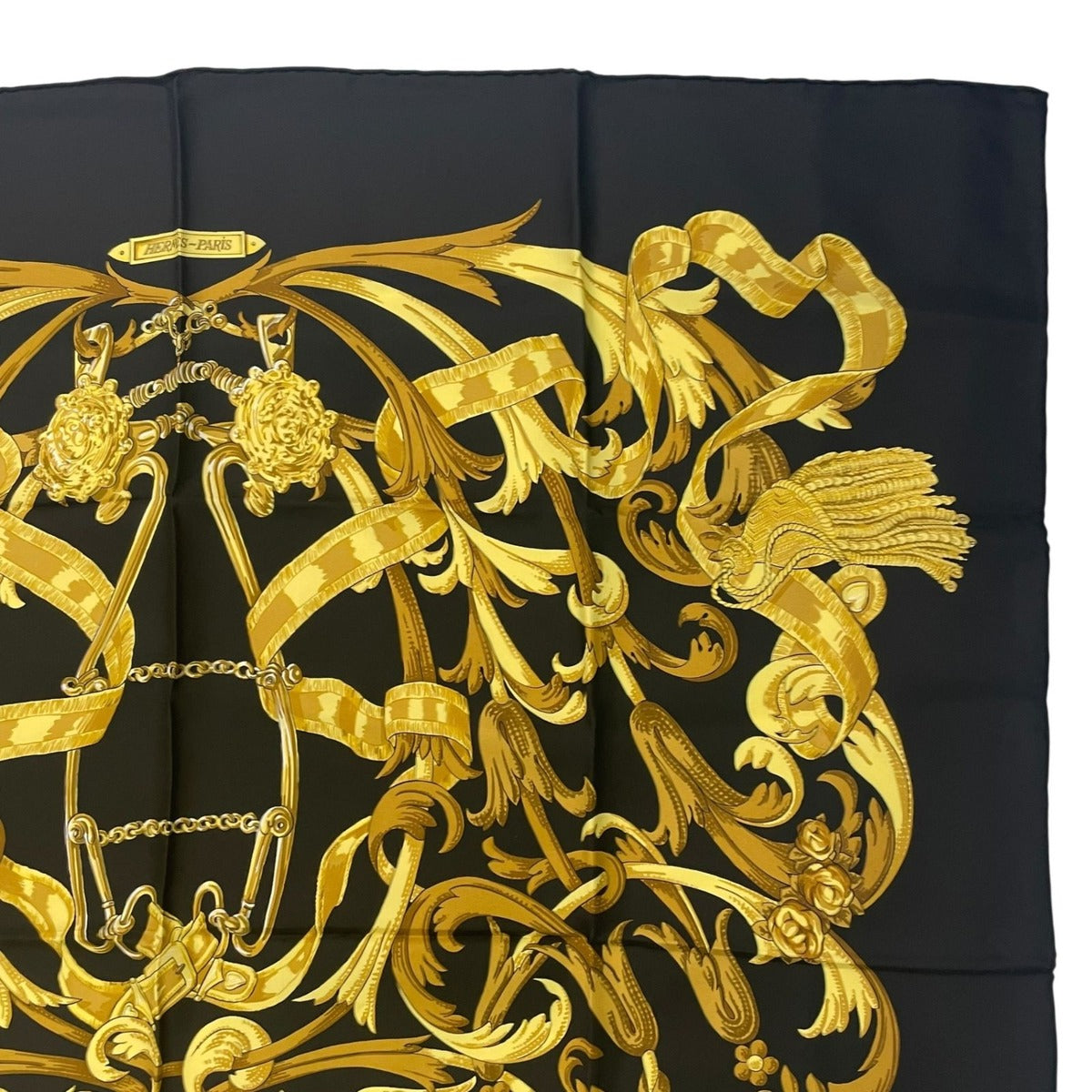 Hermes Scarf Silk Carre 90 Lemors a la Conetable Elegance Gold Black — view 3