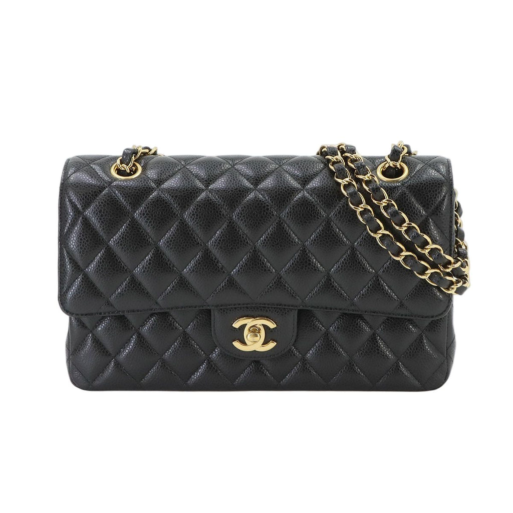 Chanel Quilted 25 Chain Shoulder Bag Caviar Leather Black Gold CC Logo