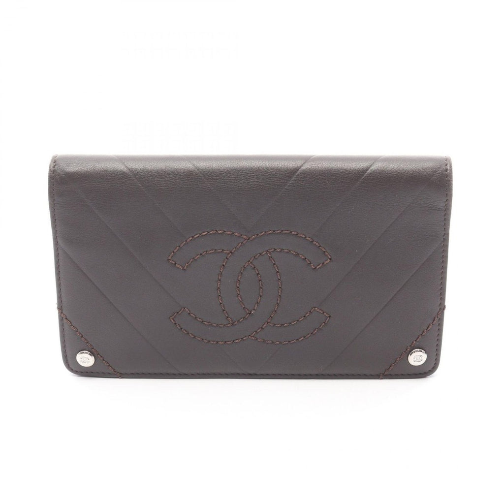 Chanel Bifold Long Wallet Chevron Stitch Dark Brown Leather CC Logo V