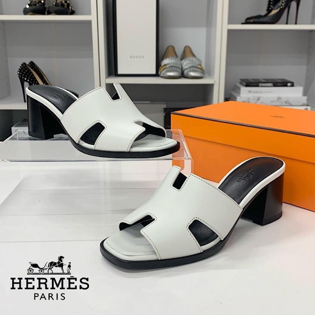 Hermes Area 60 Leather Sandals Mule White