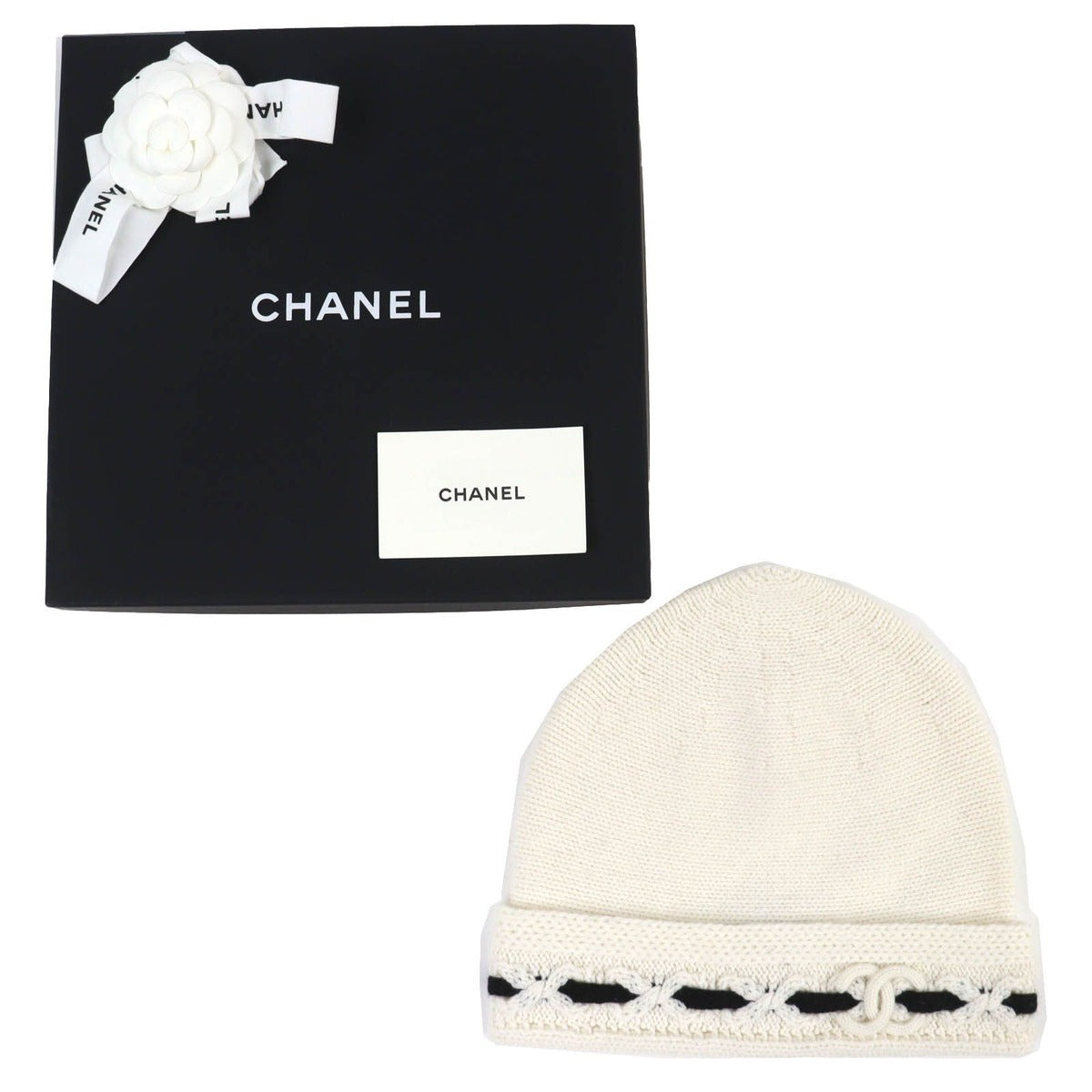Chanel Cashmere CC Logo Knit Cap White Black — view 2