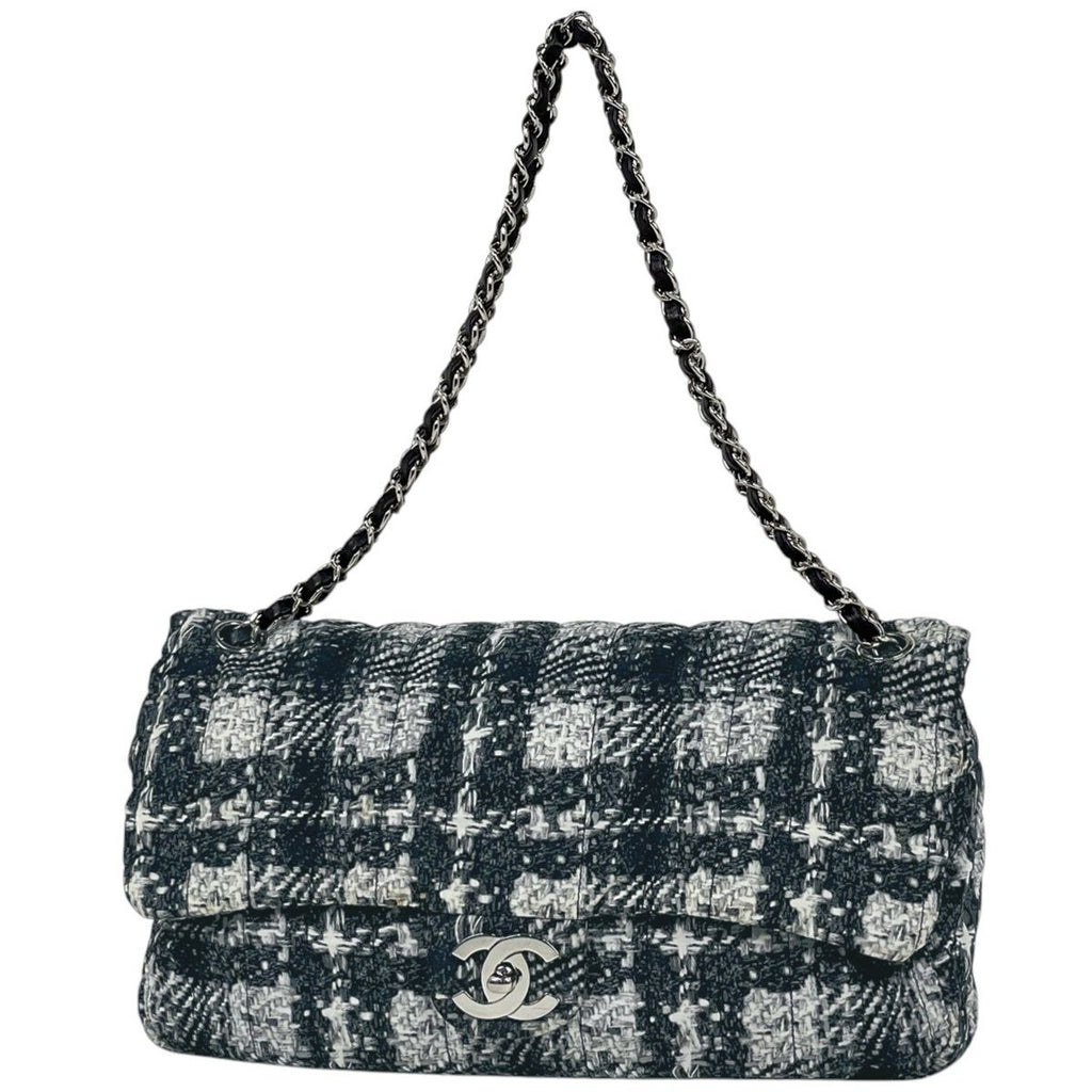 Chanel CC Logo Chain Shoulder Bag Tweed Pattern Bag Nylon Black White