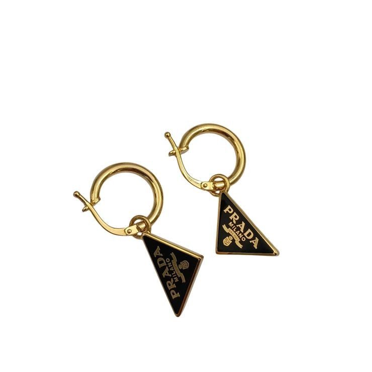 Prada Earrings Triangle Logo Gold Black Metal