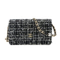 Chanel Quilted Chain Wallet Tweed Leather Sequin Black Gold Shoulder Bag