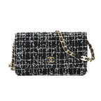 Chanel Quilted Chain Wallet Tweed Leather Sequin Black Gold Shoulder Bag