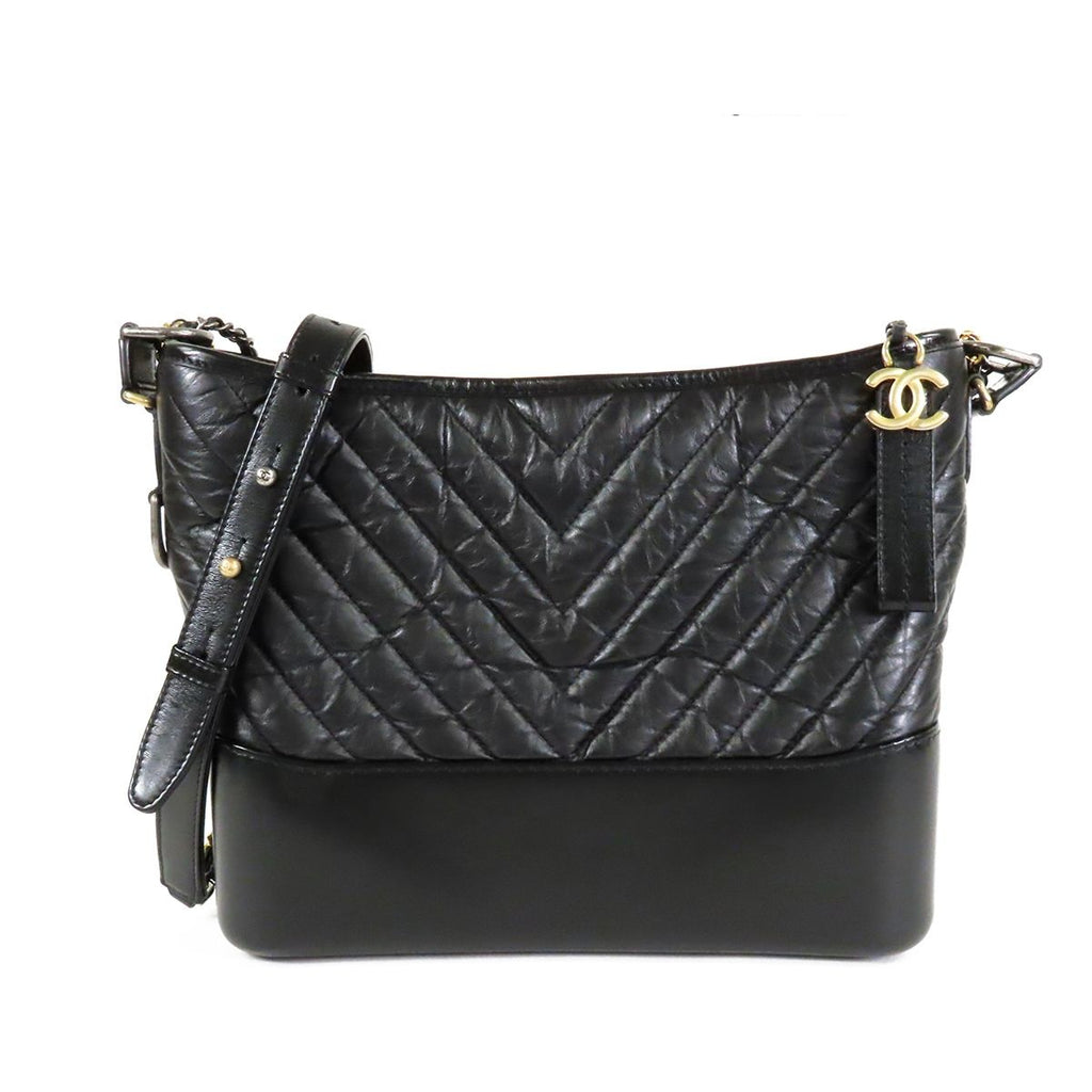 Chanel Gabrielle de Chanel Black Gold Silver Calfskin Medium Chevron Shoulder