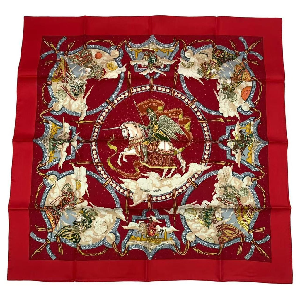 Hermes Carre 90 Scarf Silk Cavaliers Des Nuages Cloud Knight Red Box — view 2