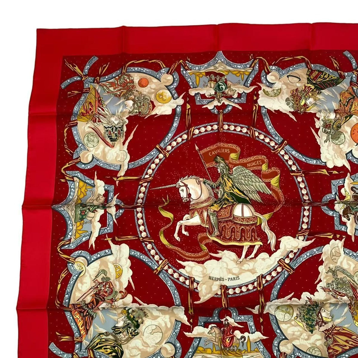 Hermes Carre 90 Scarf Silk Cavaliers Des Nuages Cloud Knight Red Box — view 3