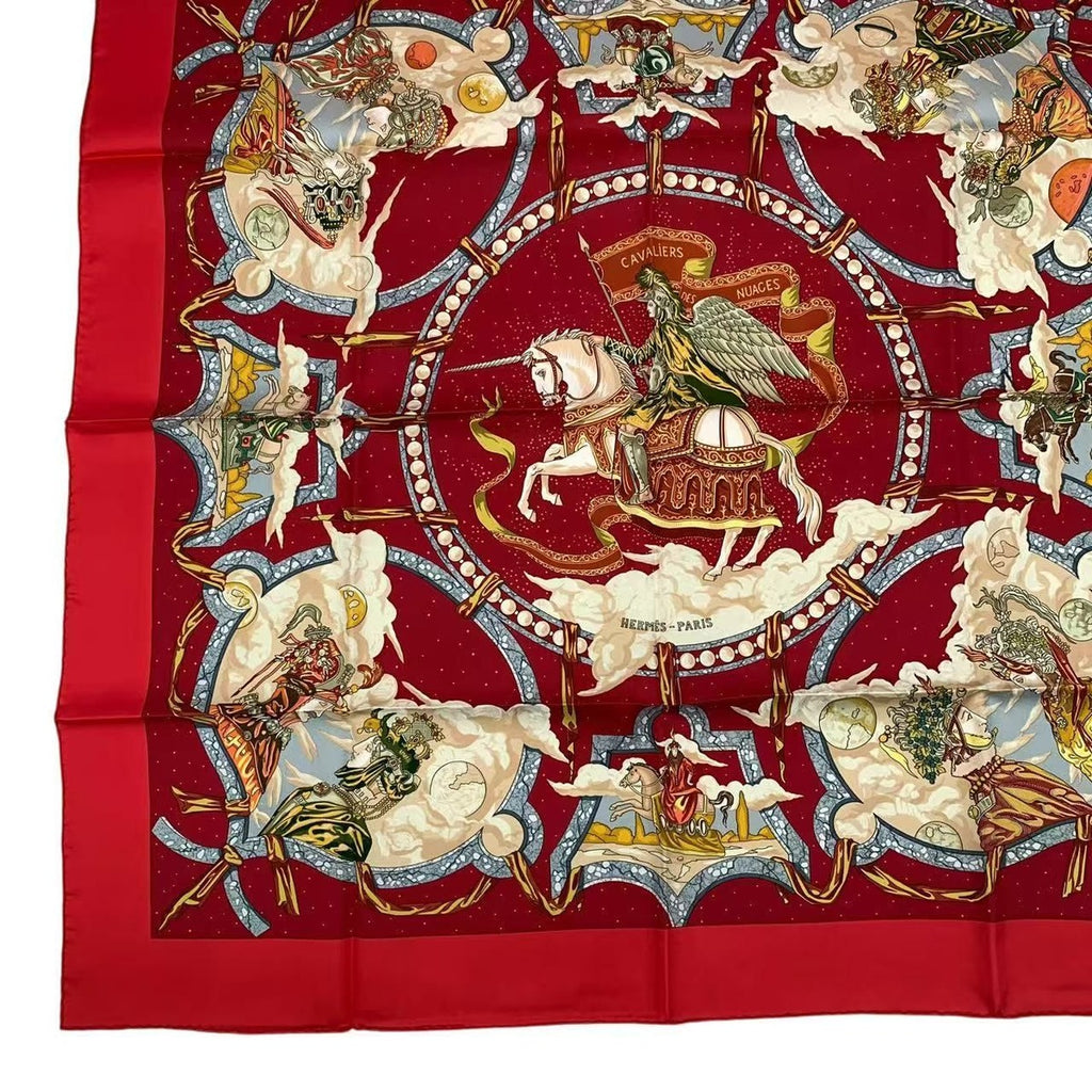 Hermes Carre 90 Scarf Silk Cavaliers Des Nuages Cloud Knight Red Box — view 5