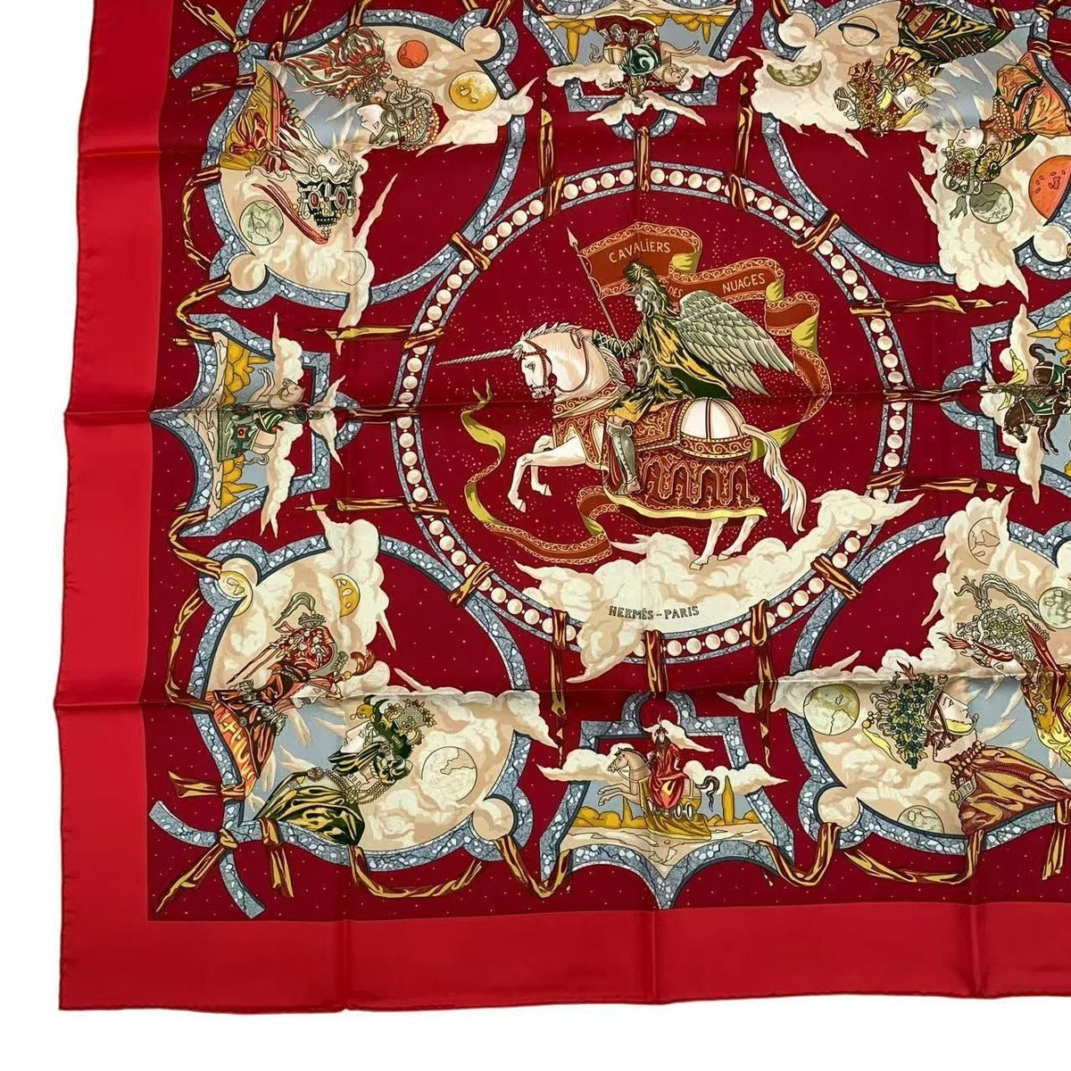 Hermes Carre 90 Scarf Silk Cavaliers Des Nuages Cloud Knight Red Box — view 5