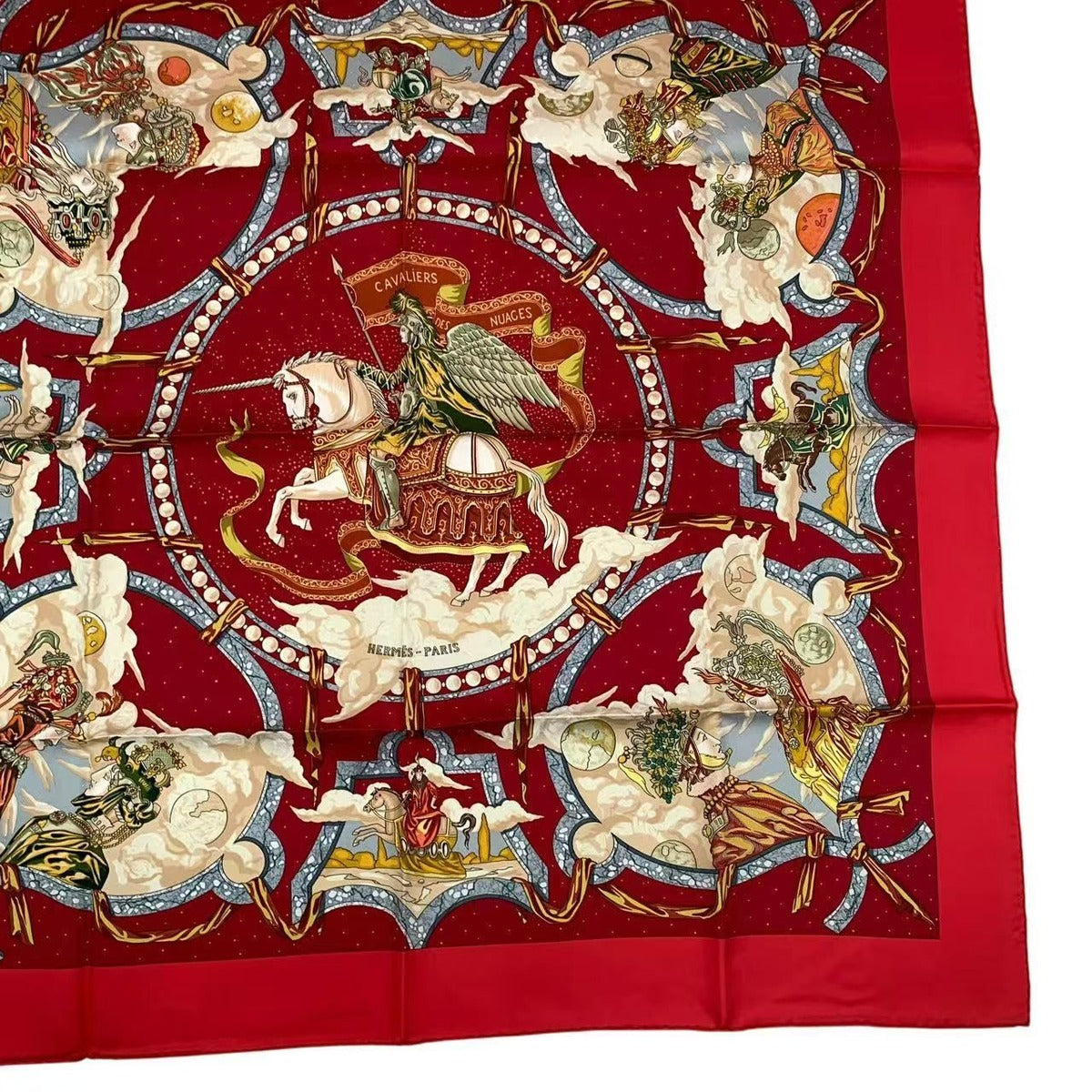 Hermes Carre 90 Scarf Silk Cavaliers Des Nuages Cloud Knight Red Box — view 6