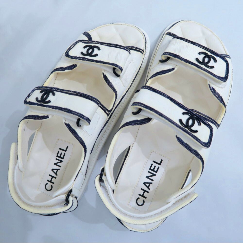 Chanel Velcro Comfort Sandals CC Mark Off White Black 38C — view 7