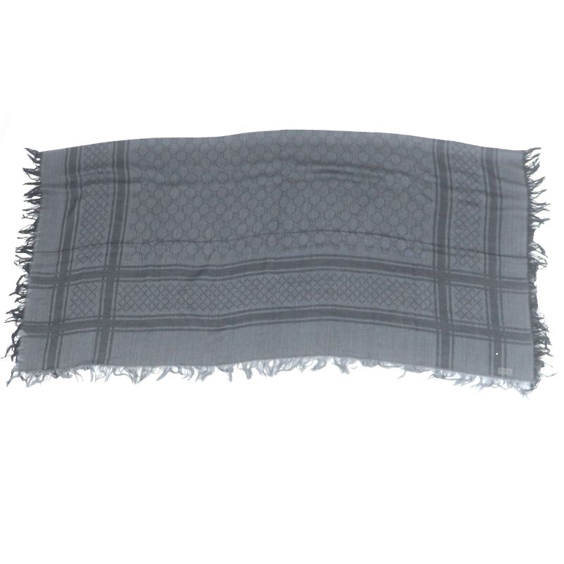 Gucci Wool Silk GG Logo Diamante Checked Fringe Stole Scarf Shawl Gray — view 3