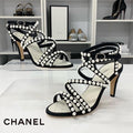 Chanel Leather CC Logo Pearl Quilted Strap Sandals Black